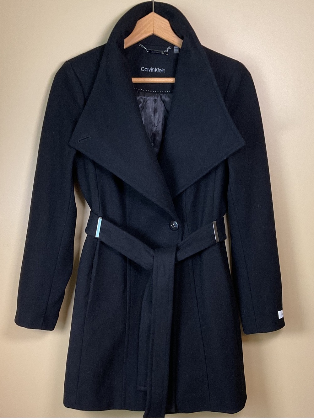 Calvin Klein Women's Black Wool-Blend Belted Coat Size XS